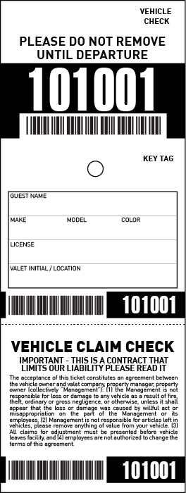 3 Part Barcoded Valet Ticket (3in x 8in)