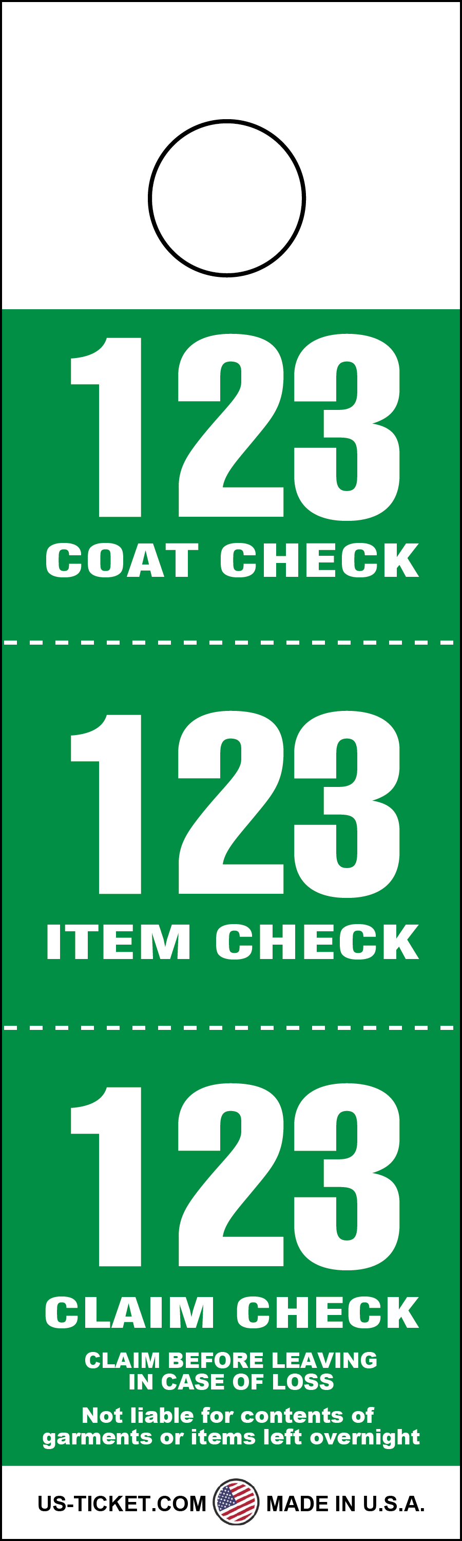 Green 3 Part Coat Check Tags