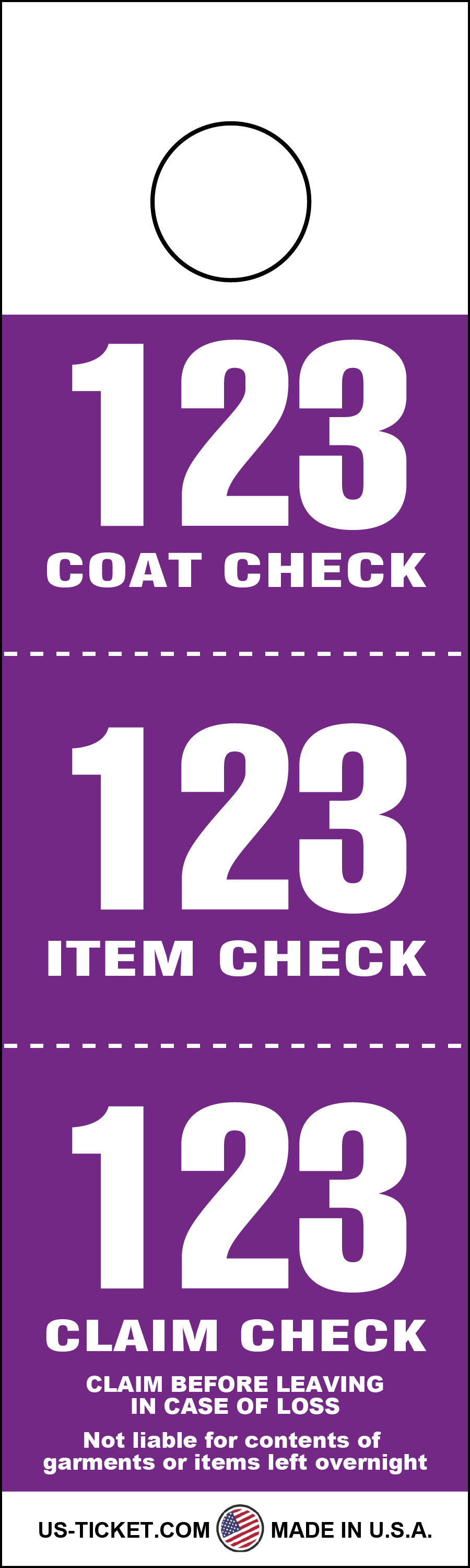 Purple 3 Part Coat Check Tags