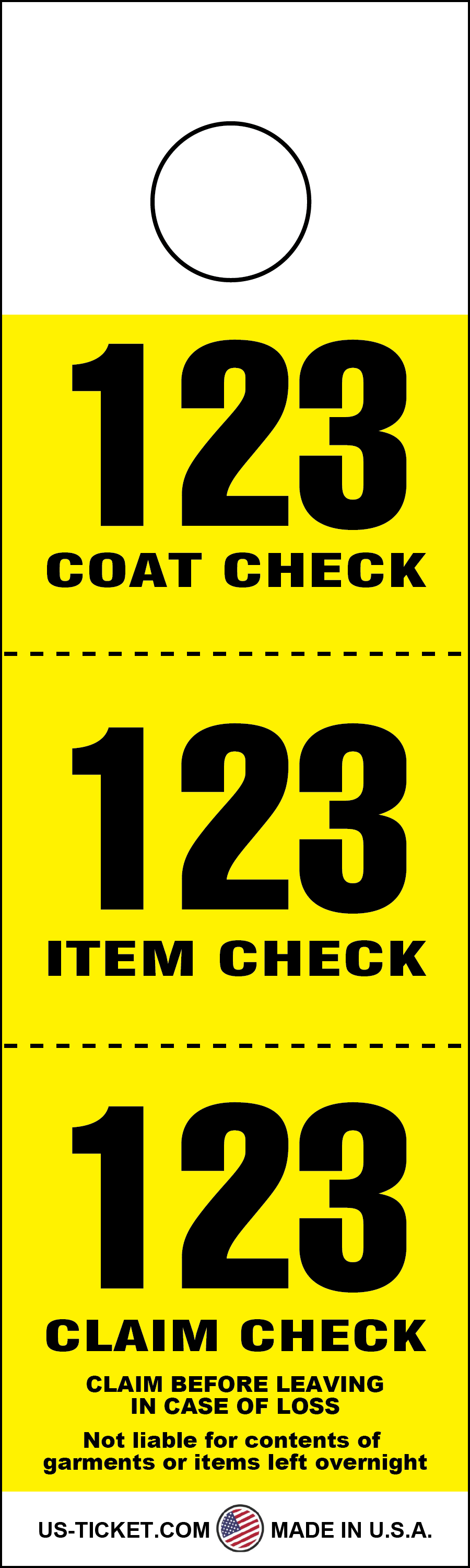 Yellow 3 Part Coat Check Tags