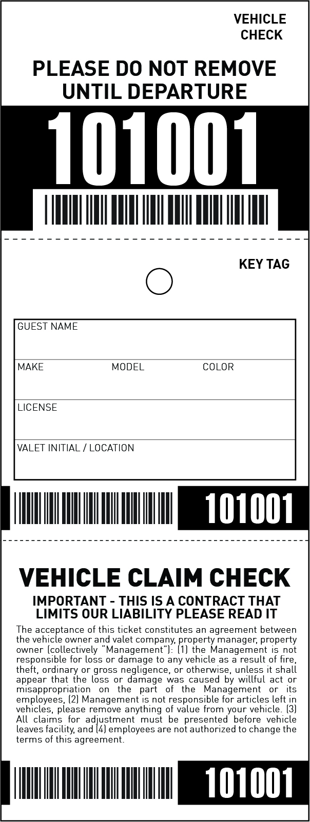 3 Part Barcoded Valet Ticket (3in x 8in)