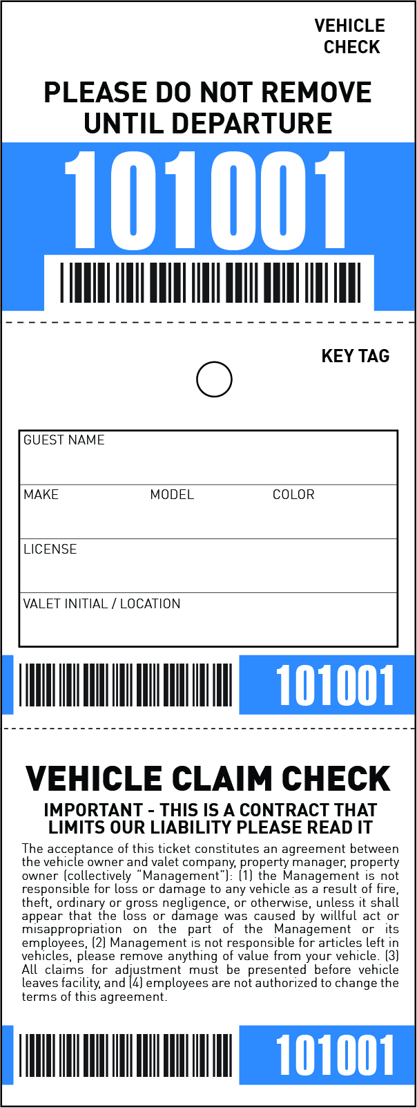 3 Part Barcoded Valet Ticket (3in x 8in)