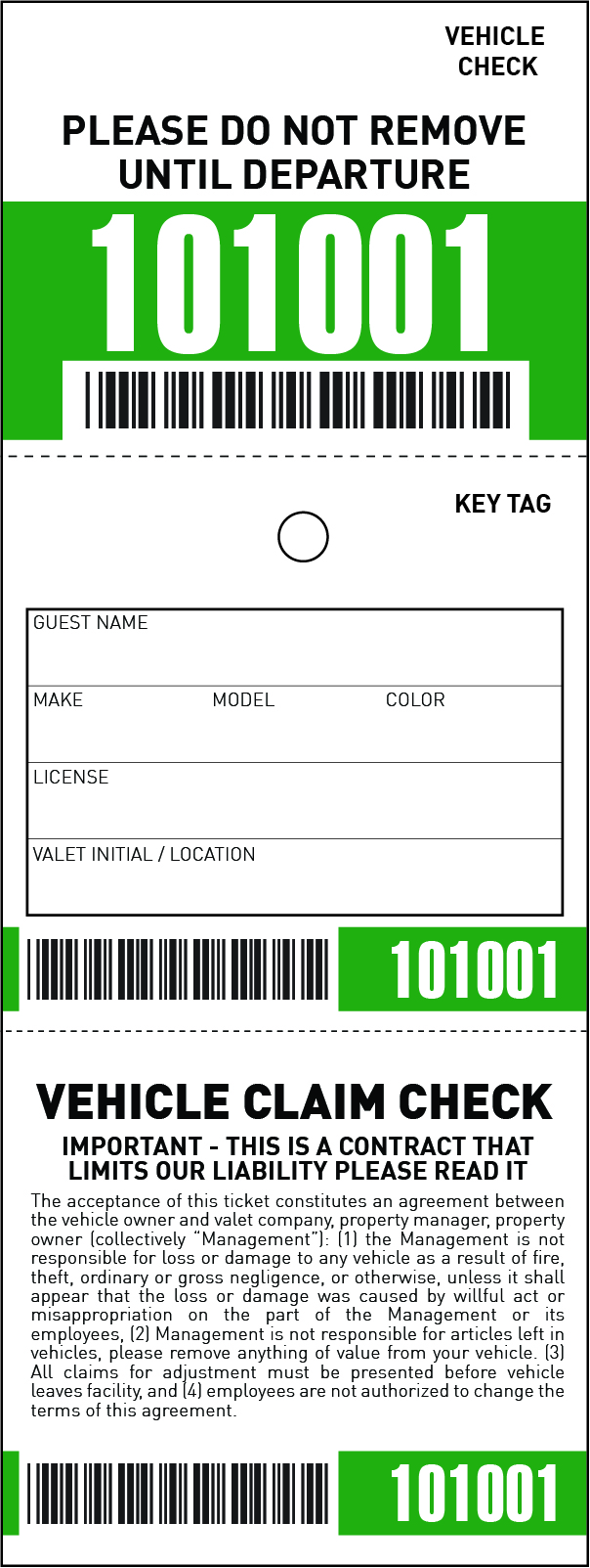 3 Part Barcoded Valet Ticket (3in x 8in)