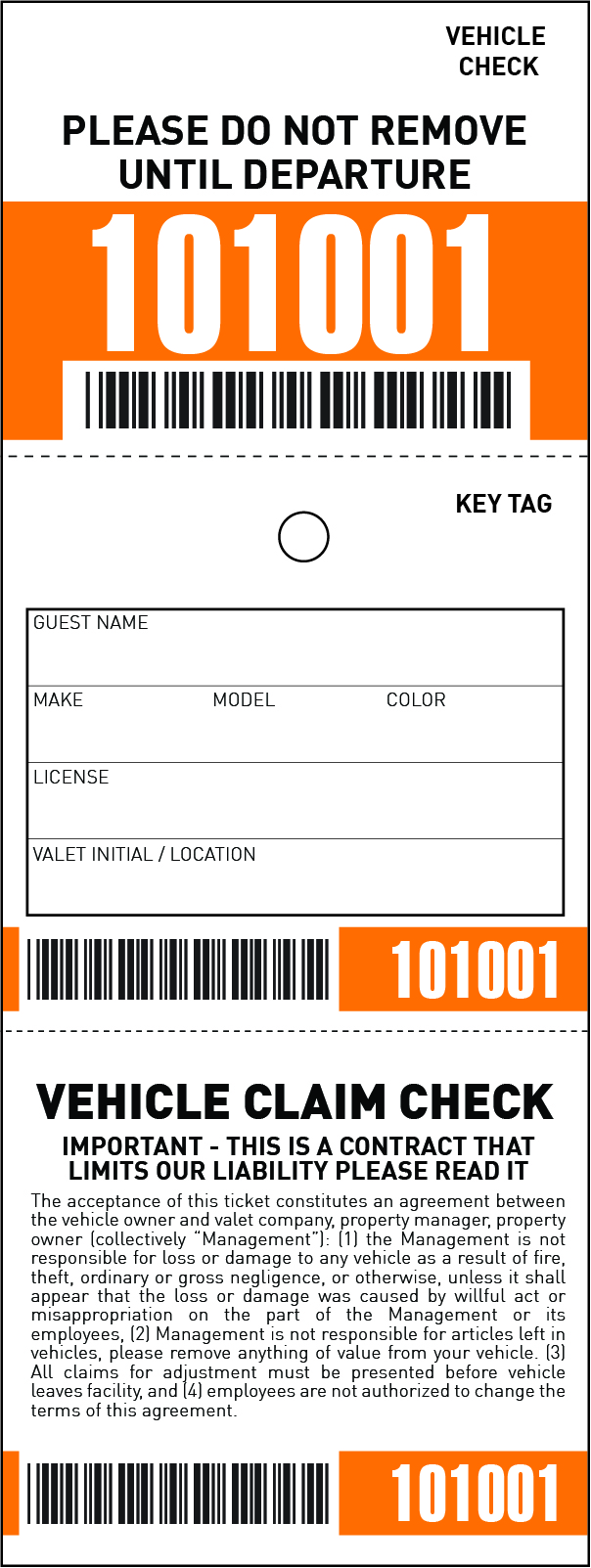 3 Part Barcoded Valet Ticket (3in x 8in)