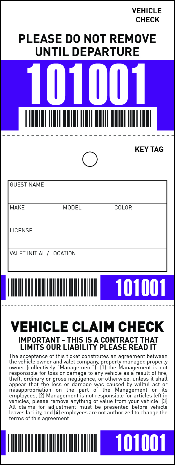3 Part Barcoded Valet Ticket (3in x 8in)